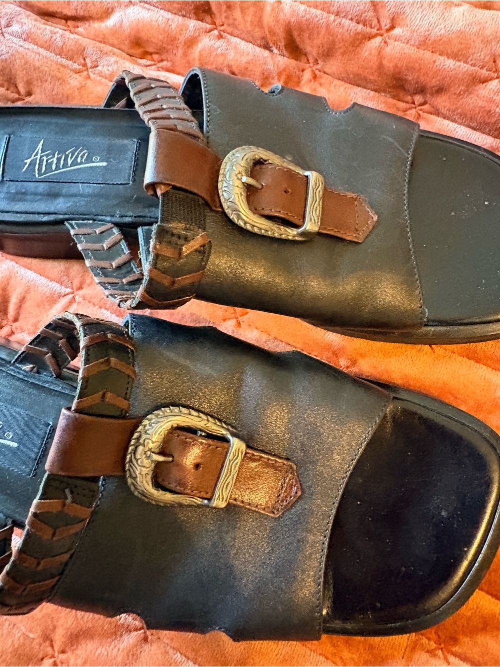 Ativa Women’s Black Leather Slide Sandals with Brown Buckle Detail - Picture 2 of 8